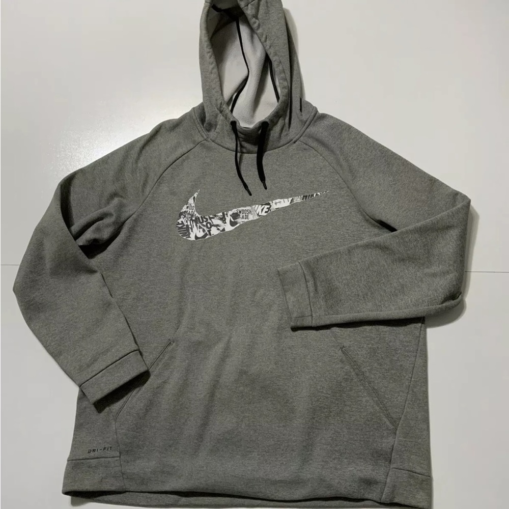 Nike Dri Fit Therma Fleece Running Turtleneck Big Swoosh Grey Pullover Hoodie XL